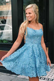 A Line Spaghetti Straps Cross Back Blue Homecoming Dress,DH139-Daisybridals