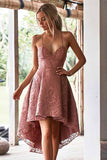 A-Line Spaghetti Straps High Low Blush Lace Homecoming Dress,DH188-Daisybridals