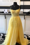 A Line Straps Split Yellow Prom Dress With Lace Appliques,DS120-Daisybridals