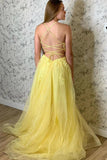 A Line Straps Split Yellow Prom Dress With Lace Appliques,DS120-Daisybridals