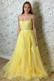 A Line Straps Split Yellow Prom Dress With Lace Appliques,DS120-Daisybridals