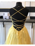 A Line Straps Split Yellow Prom Dress With Lace Appliques,DS120-Daisybridals