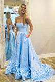 A-Line Sweetheart Sky Blue 3D Floral Long Prom Dress With Pocket,DS220-Daisybridals