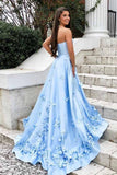 A-Line Sweetheart Sky Blue 3D Floral Long Prom Dress With Pocket,DS220-Daisybridals