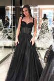 A Line Sweetheart Straps Dot Tulle Black Prom Dress with Beading,DS122-Daisybridals