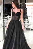 A Line Sweetheart Straps Dot Tulle Black Prom Dress with Beading,DS122-Daisybridals