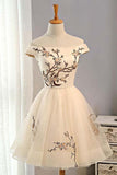 Tulle Short Prom Dress Champagne Homecoming Dress With Embroidery,DH150