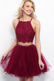 Two Piece Appliques Burgundy Homecoming Dresses with Beading,DH167