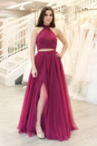 A-line Two Piece Fuchsia Prom Dress Split Tulle Evening Dress,DS221-Daisybridals