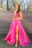 A-line V-Neck Appliques Beading Fuchsia Long Prom Dress,DS209-Daisybridals