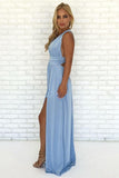 A-Line V-Neck Criss-Cross Straps Sky Blue Prom Dress with Split,DS224-Daisybridals