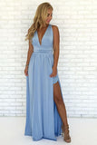 A-Line V-Neck Criss-Cross Straps Sky Blue Prom Dress with Split,DS224-Daisybridals