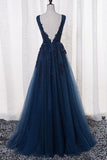 A-Line V-neck Floor length Navy Blue Prom Dress With Appliques,DS226-Daisybridals