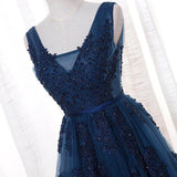 A-Line V-neck Floor length Navy Blue Prom Dress With Appliques,DS226-Daisybridals