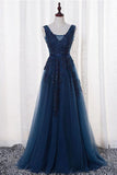 A-Line V-neck Floor length Navy Blue Prom Dress With Appliques,DS226-Daisybridals