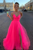 A Line V Neck Tulle Hot Pink Prom Dress Formal Dress,DS137-Daisybridals