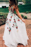 A Line V Neck Ivory Lace Prom Dress Embroidery Printed Evening Dress, DS126-Daisybridals