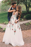 A Line V Neck Ivory Lace Prom Dress Embroidery Printed Evening Dress, DS126-Daisybridals