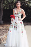 A Line V Neck Ivory Lace Prom Dress Embroidery Printed Evening Dress, DS126-Daisybridals