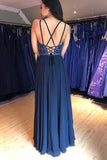 A-Line V-Neck Lace Up Navy Blue Long Prom Dress with Beading,DS109-Daisybridals