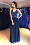 A-Line V-Neck Lace Up Navy Blue Long Prom Dress with Beading,DS109-Daisybridals