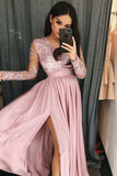 A-Line V-Neck Long Sleeves Blush Pink Prom Dress with Appliques,DS110-Daisybridals