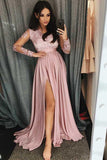 A-Line V-Neck Long Sleeves Blush Pink Prom Dress with Appliques,DS110-Daisybridals