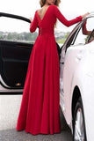 A-Line V-Neck Long Sleeves Dark Green Prom/Formal Dress With Split PSK082 - Pgmdress