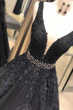 A-line V Neck Open Back Black Long Prom Dress with Beading,DS191-Daisybridals