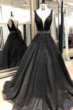 A-line V Neck Open Back Black Long Prom Dress with Beading,DS191-Daisybridals