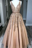 A-line V Neck Open Back Gold Long Prom Dress with Beading,DS192-Daisybridals