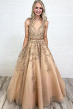 A-line V Neck Open Back Gold Long Prom Dress with Beading,DS192-Daisybridals