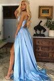 A Line V Neck Open Back Light Blue Long Prom Dress With Split,DS198-Daisybridals