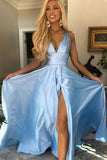 A Line V Neck Open Back Light Blue Long Prom Dress With Split,DS198-Daisybridals