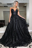 A Line V Neck Spaghetti Straps Black Sequins Prom Dress,DS127-Daisybridals