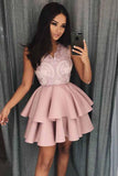 A-Line V-Neck Tiered Pink Homecoming Short Prom Dress,DH163