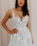 V Neck Tulle Lace Appliques Romantic Wedding Dress Bridal Gown,DW054-Daisybridals
