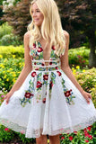 A-line White Lace Short Prom Dress Floral Homecoming Dress,DH158