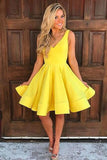 A-line Yellow Satin Short Prom Dress Yellow Homecoming Dress,DH163