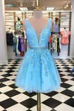 Appliques Beaded Sleeveless A Line Tulle Blue Homecoming Dresses,DH170-Daisybridals