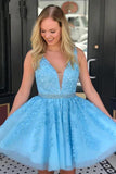 Appliques Beaded Sleeveless A Line Tulle Blue Homecoming Dress,DH170