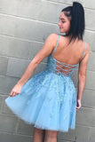 Lace-Up Sky Blue Short Homecoming Dress with Lace Appliques,DH200-Daisybridals