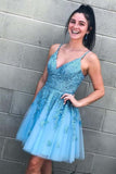 Lace-Up Sky Blue Short Homecoming Dress with Lace Appliques,DH200-Daisybridals