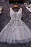 Sleeveless Lace-up Grey Homecoming Dress Lace Appliques,DH184
